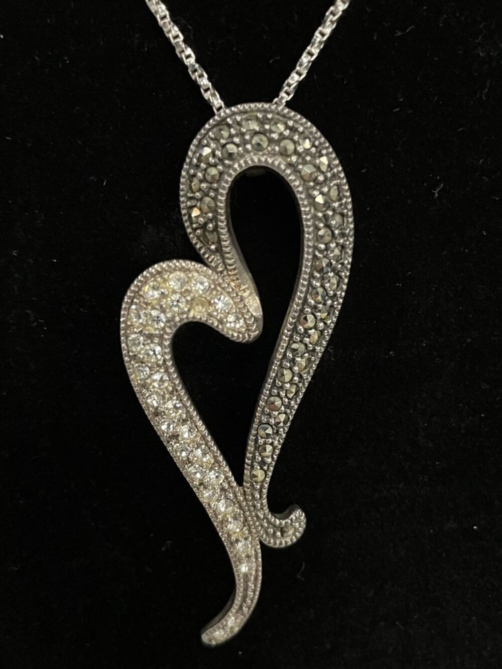 Vintage Judith Jack Sterling Silver Marcasite Crystal Open Heart Necklace 18"